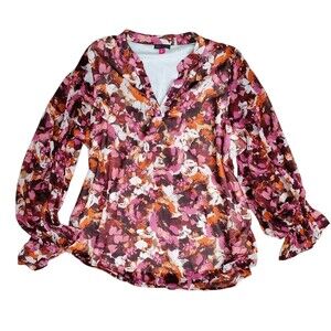Vince Camuto Floral Blouse Size XL Pink, Orange Romantic Feminine Balloon Sleeve